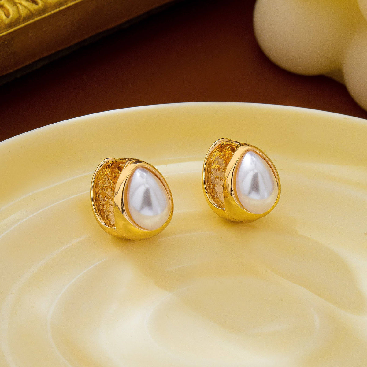 Chunky Gold & Pearl Teardrop Huggie Hoop Earrings