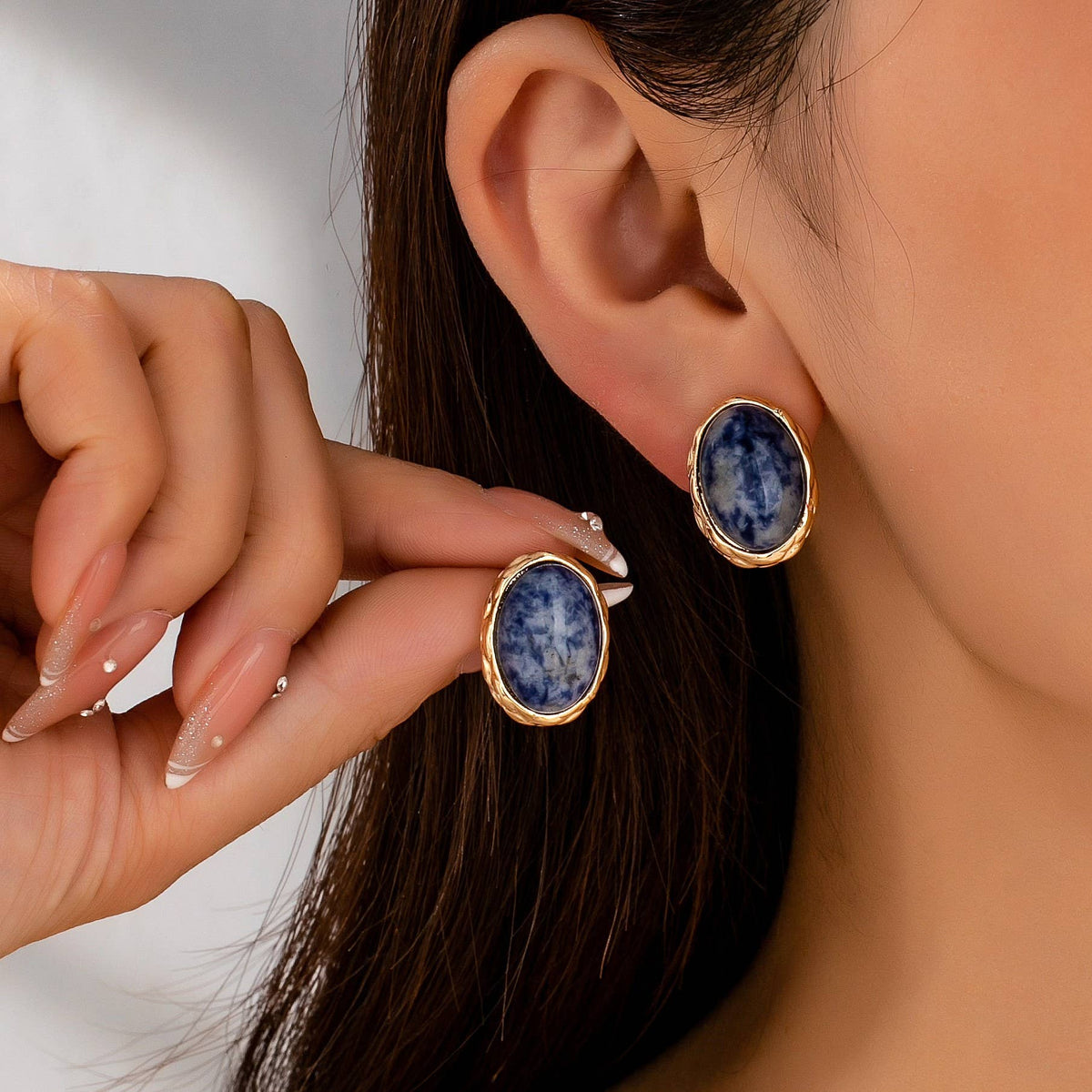 Natural Sodlite Marble Stone Stud Earrings