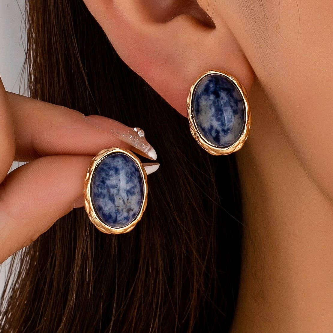 Natural Sodlite Marble Stone Stud Earrings