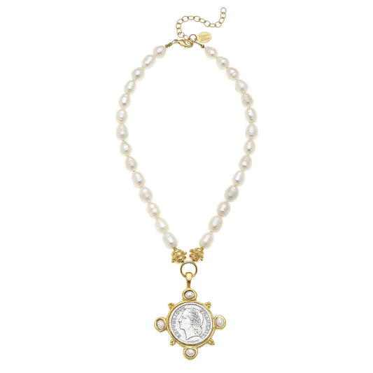 Gold and Silver Coin and Freshwater Pearls on Genuine Freshwater Pearl Necklace - Susan Shaw