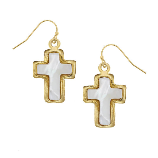 Mother of Pearl Cross Drop Earrings - Susan Shaw