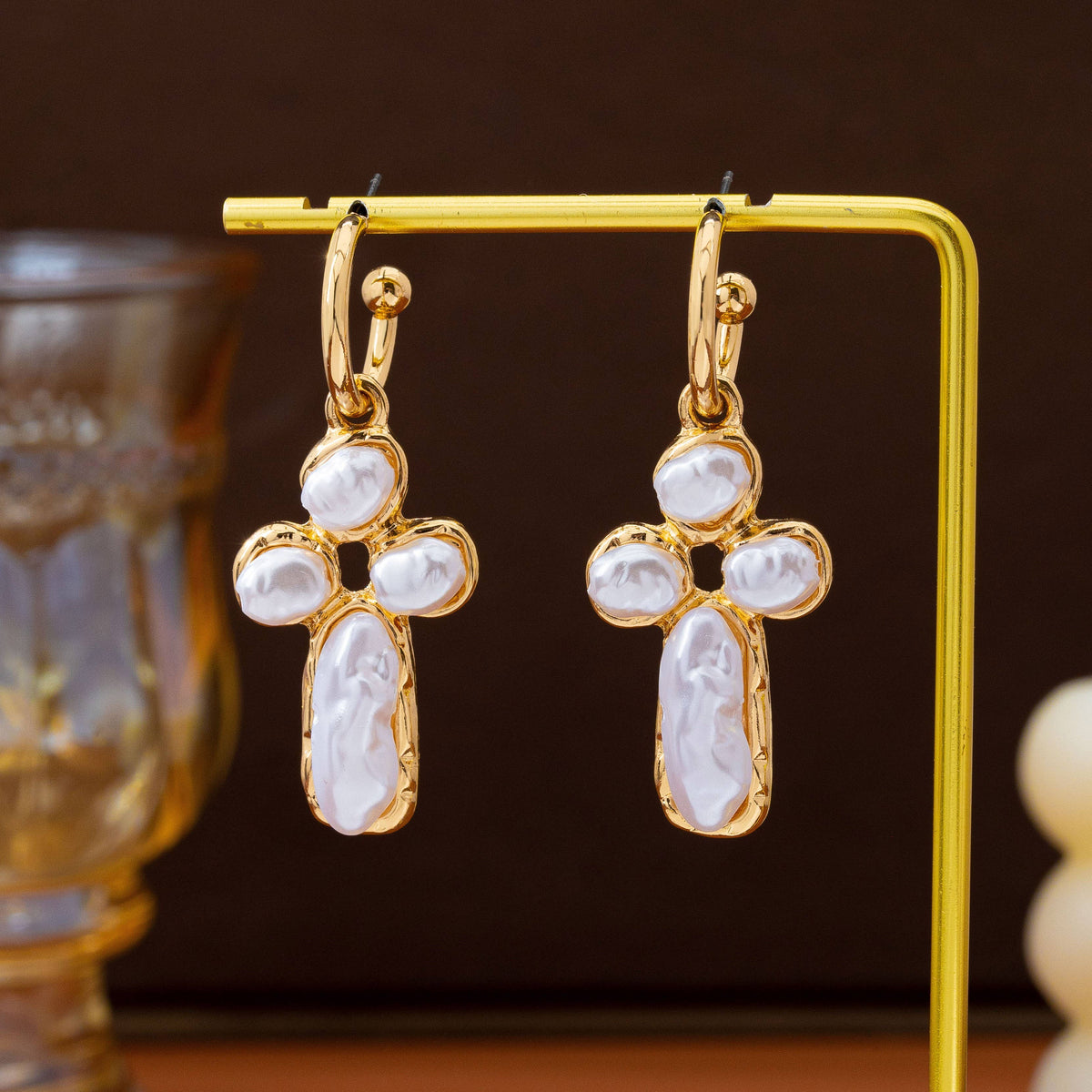 Elegant Pearl Cross Huggie Drop Earrings