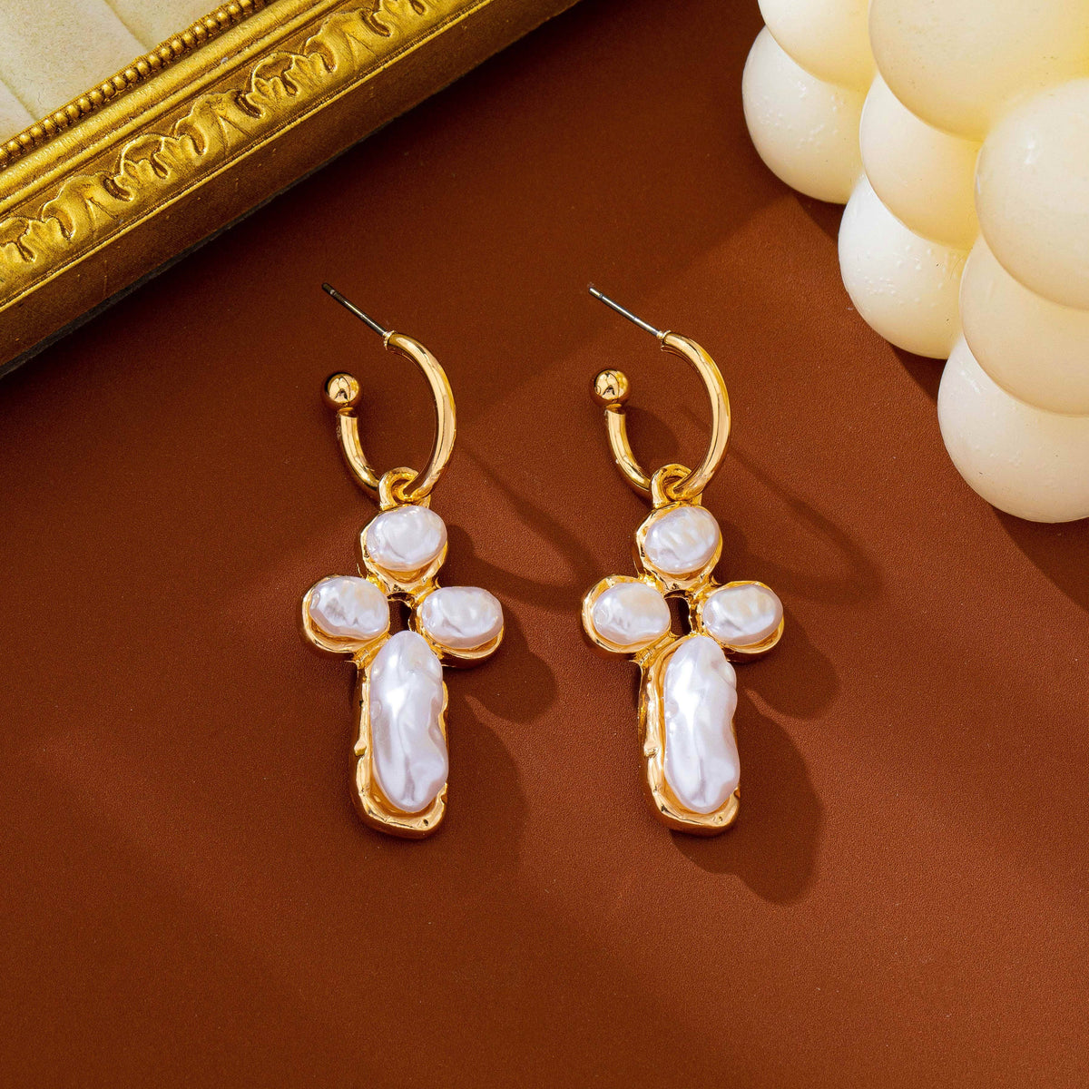 Elegant Pearl Cross Huggie Drop Earrings