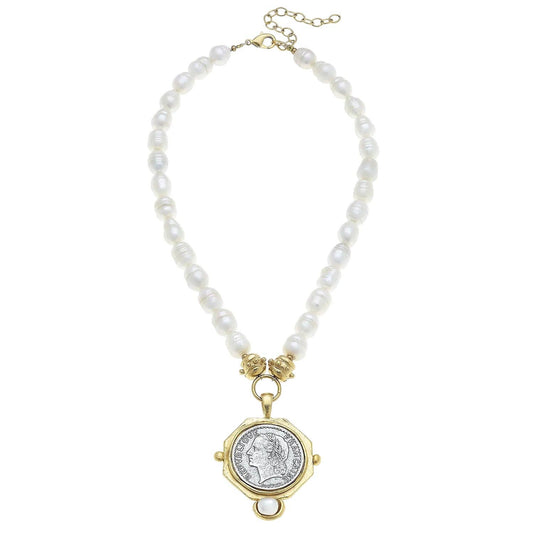 Mixed Metal French Franc Coin Pendant & Pearl Necklace - Susan Shaw