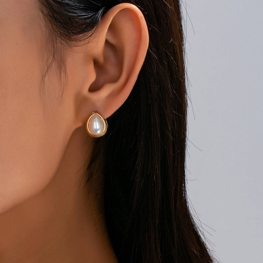 Chunky Gold & Pearl Teardrop Huggie Hoop Earrings