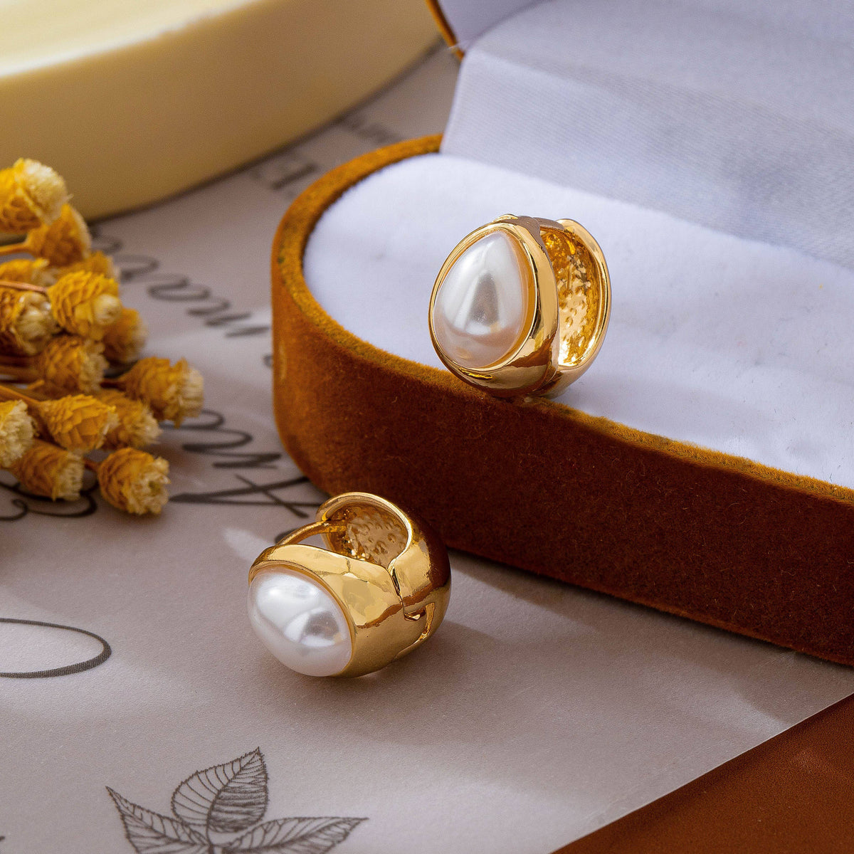 Chunky Gold & Pearl Teardrop Huggie Hoop Earrings