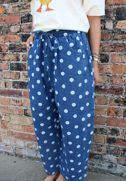 Polka Dot Denim Barrel Jeans