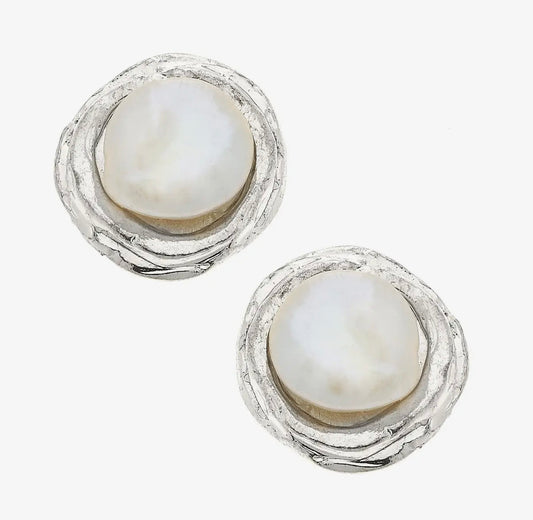 Silver Coin Pearl Earrings -Susan Shaw