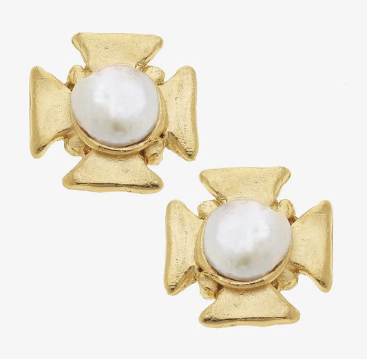 Gold Cross w/ Pearl Earrings - Susan Shaw