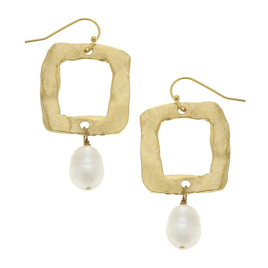 Gold Open Square and Genuine Freshwater Pearl Earrings - Susan Shaw