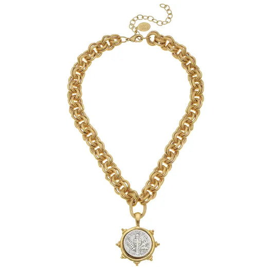 Gold & Silver Italian Coin on Gold Chain Necklace - Susan Shaw