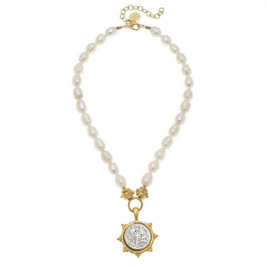 Gold & Silver Italian Coin on Genuine Pearl Necklace - Susan Shaw