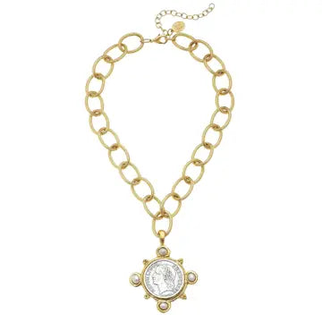 Gold/Silver/Pearl Coin on Loop C Necklace - Susan Shaw