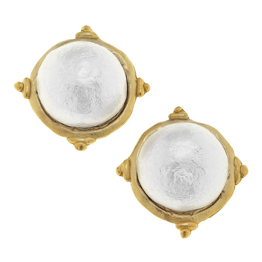 Gold and White Pearl Cabochon Earrings - Susan Shaw