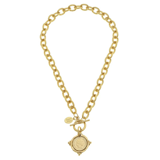 Handcast Gold Intaglio Coin Front Toggle Necklace - Susan Shaw