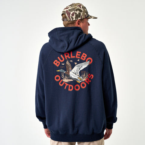 Fleece Hoodie - Old School Duck Hunt - Heather Navy - Burlebo