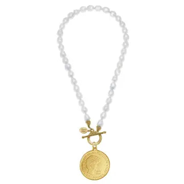 Princess Diana Coin on Front Toggle Pearl Necklace - Susan Shaw