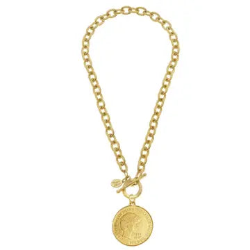 Princess Diana Coin on Gold Front Toggle Necklace - Susan Shaw