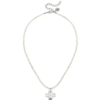 Silver Cross on Pearl Necklace - Susan Shaw