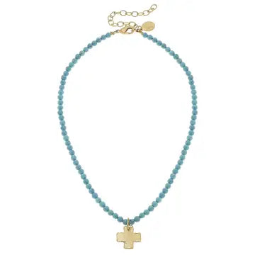 Gold Cross on Turquoise Beaded Necklace