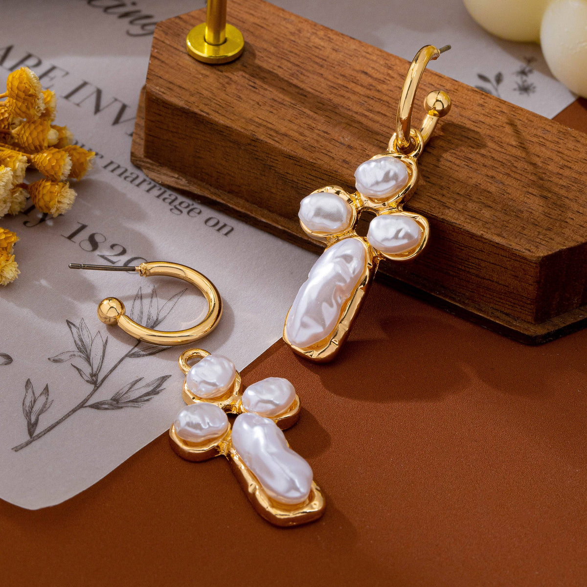 Elegant Pearl Cross Huggie Drop Earrings