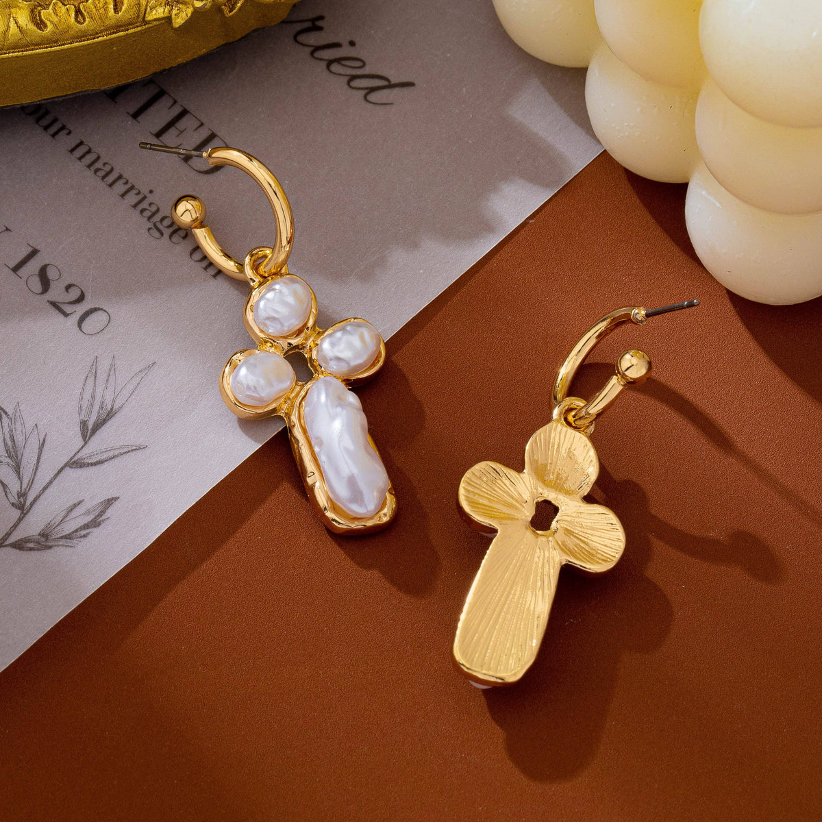 Elegant Pearl Cross Huggie Drop Earrings