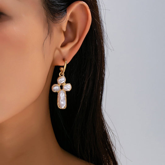 Elegant Pearl Cross Huggie Drop Earrings