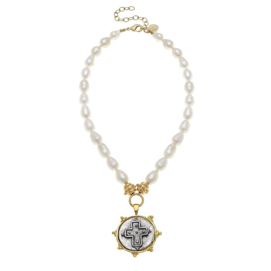 Mixed Metal Cross Intaglio Pearl Necklace - Susan Shaw