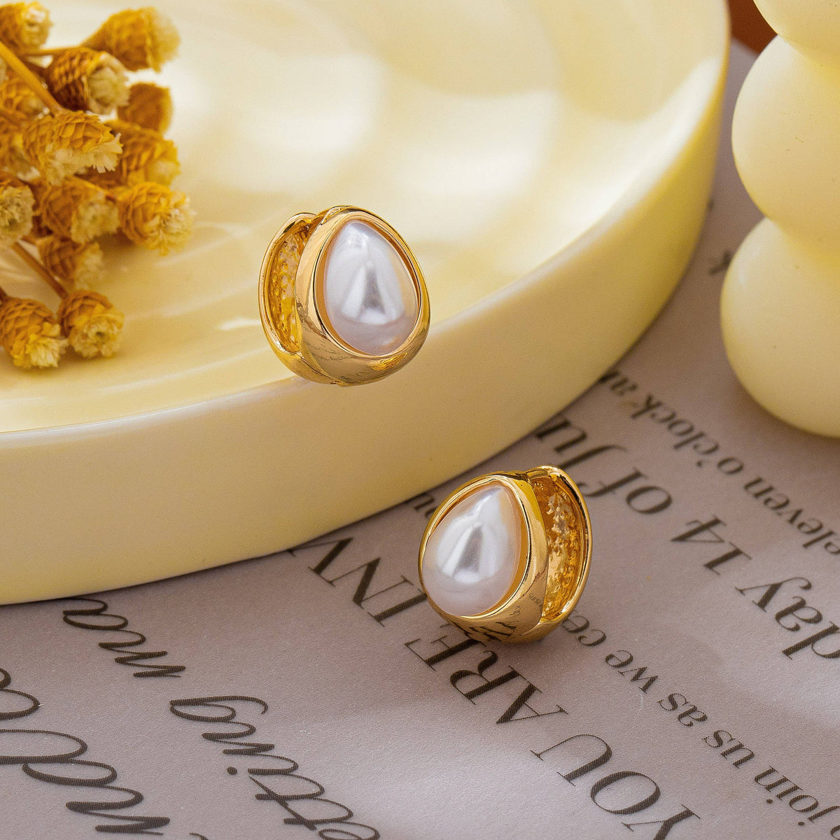 Chunky Gold & Pearl Teardrop Huggie Hoop Earrings