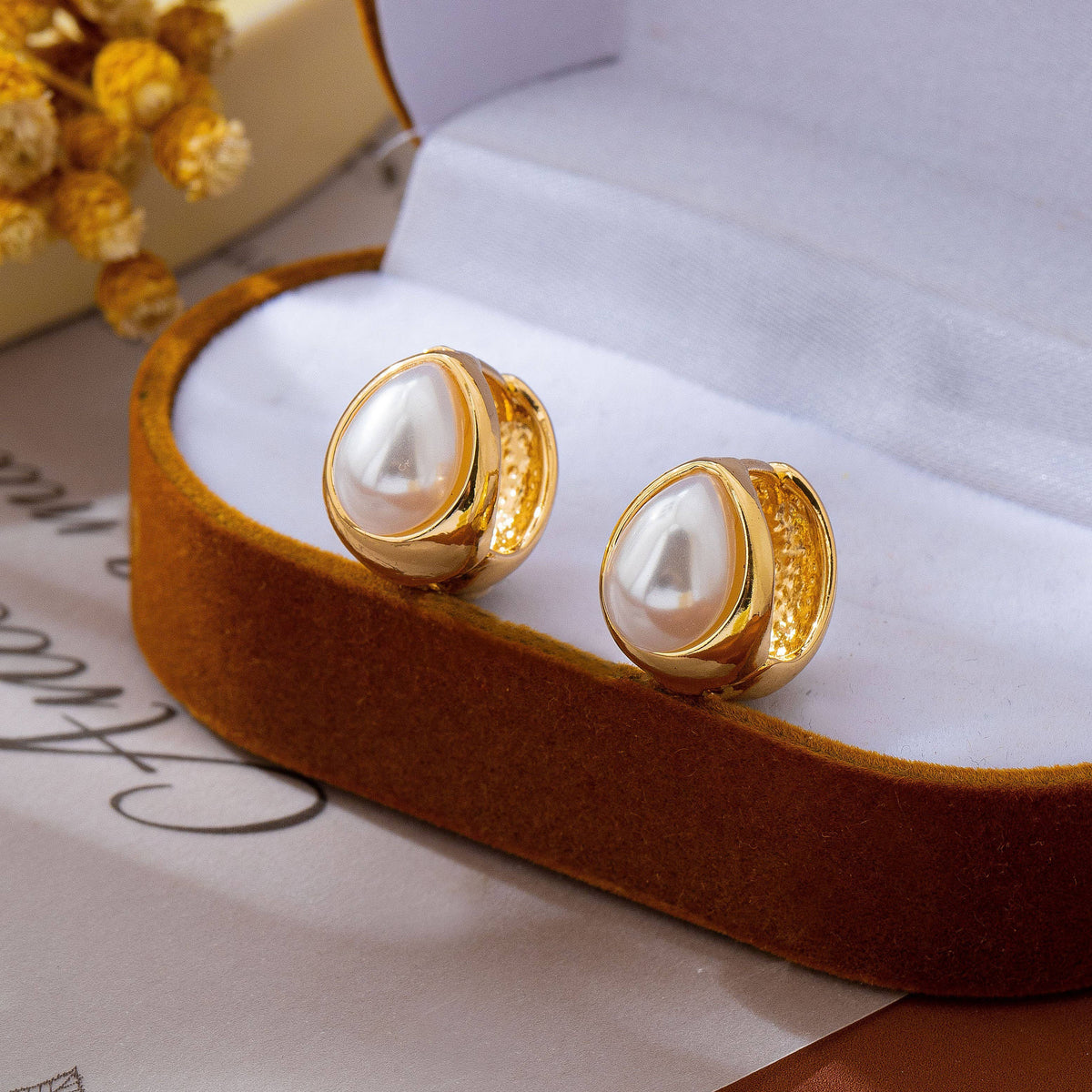 Chunky Gold & Pearl Teardrop Huggie Hoop Earrings