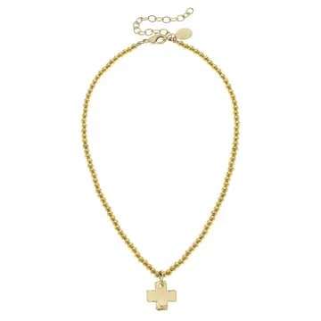 Gold Cross on Gold Beaded Necklace - Susan Shaw